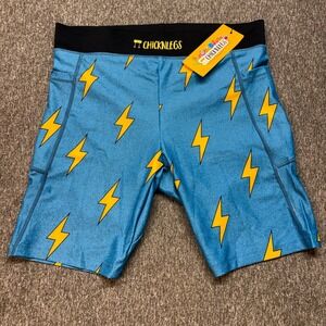 ChicknLegs Mens Blue Bolts 8 Inch Half Tights Running Shorts Blue Yellow Large